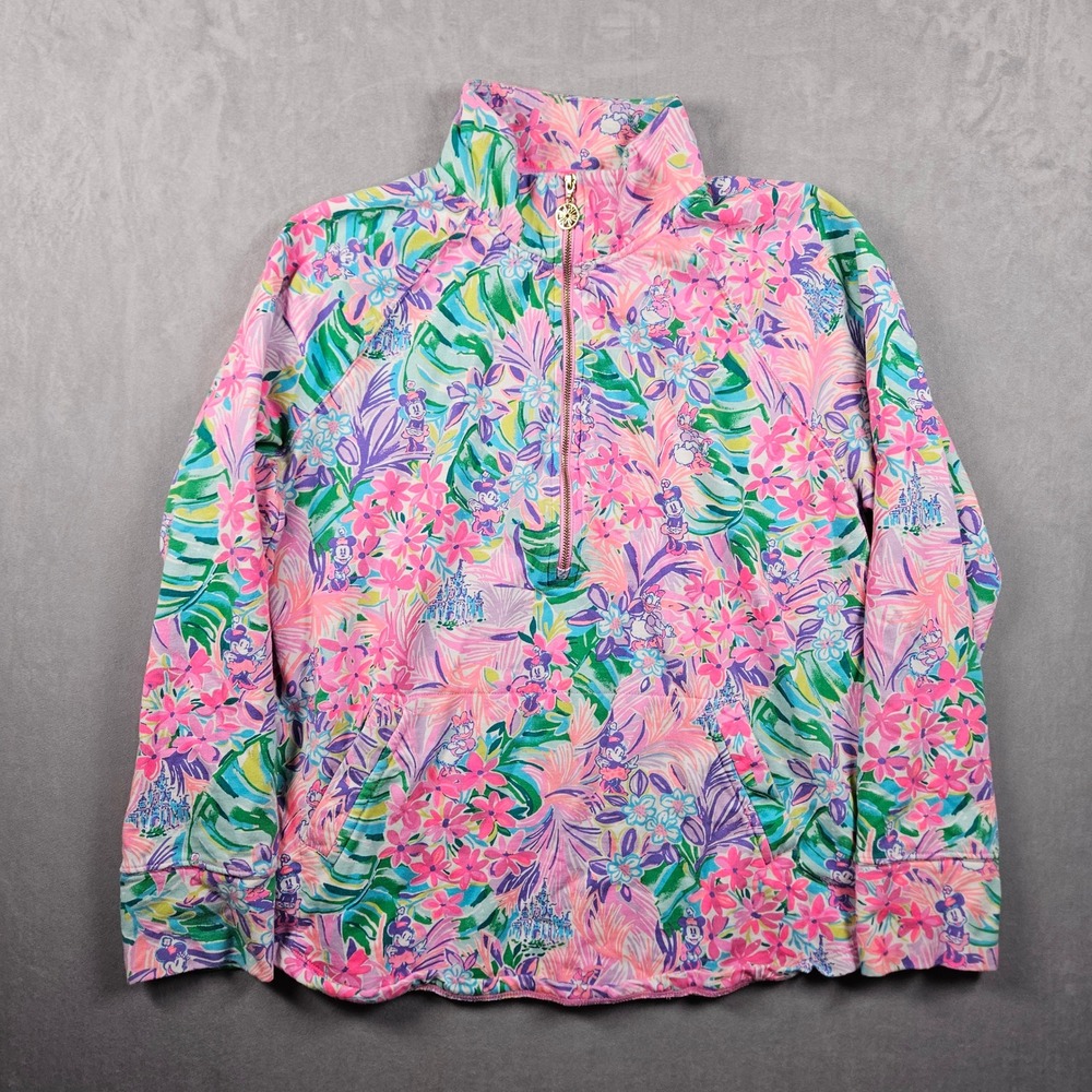 Lilly Pulitzer Disney Skipper Popover Sweatshirt Womens Large Pink Floral Minnie